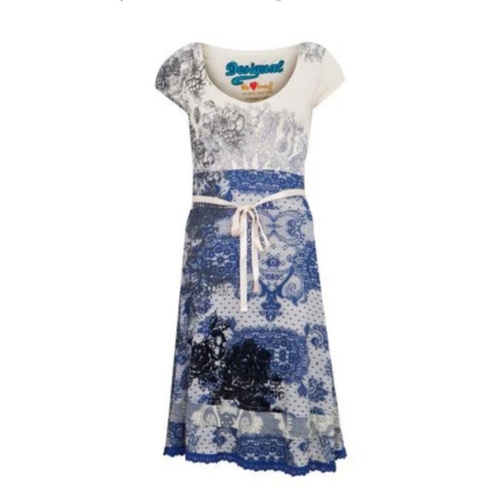 Desigual Blue White Rayon Knit Dress